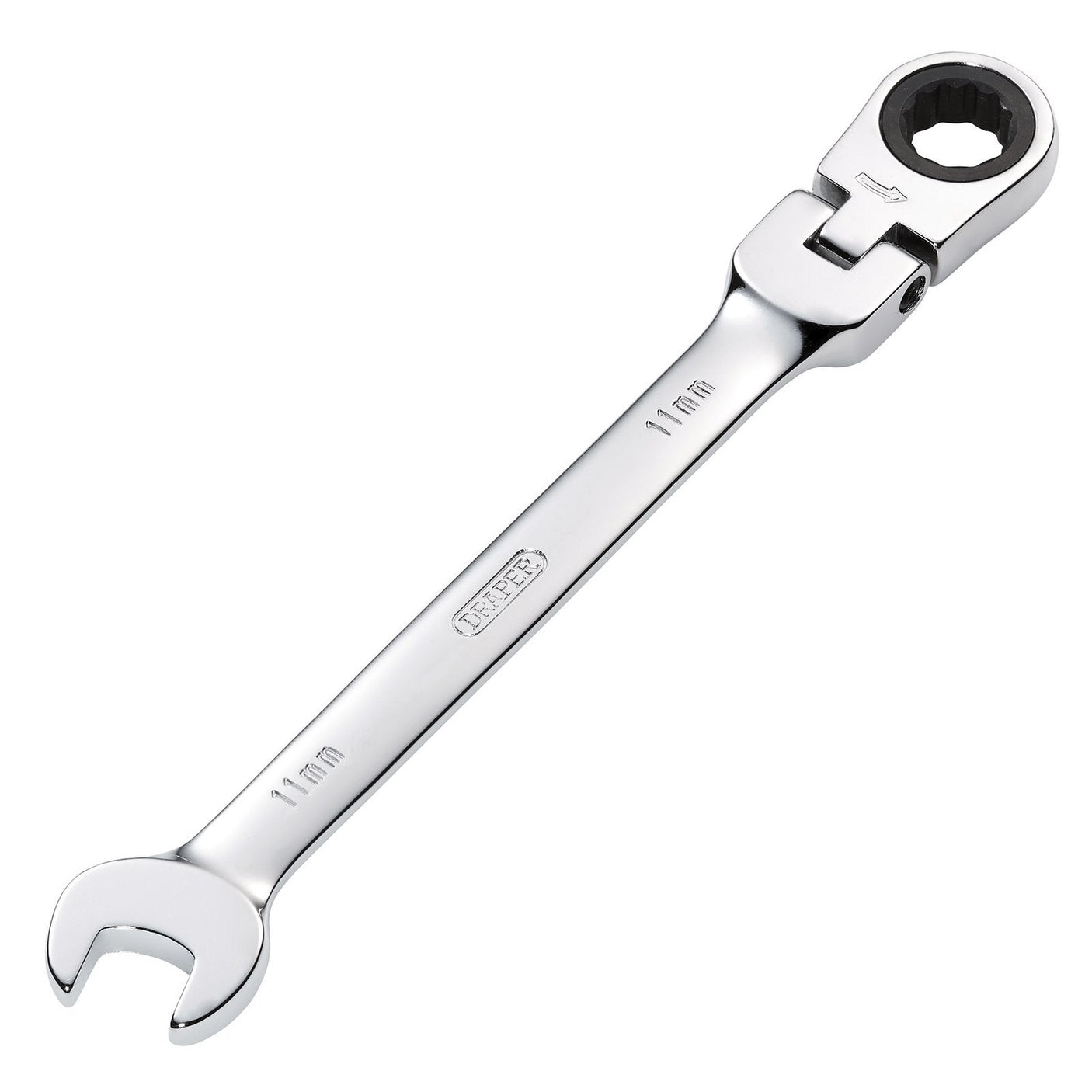 The Draper Hi-Torq® Metric Flexible Head Ratcheting Combination Spanner, 11mm - 8230FMMB, is a sleek tool crafted from Chrome vanadium steel. It features an open-end on one side and a ratcheting box-end on the other, embodying Draper's renowned HI-TORQ® excellence for reliable performance.