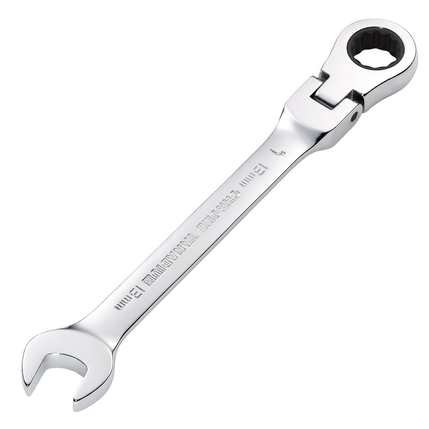 A Draper Hi-Torq® Metric Flexible Head Ratcheting Combination Spanner, 13mm - 8230FMMB, made from durable chrome vanadium steel, featuring an open-end wrench on one side and a ratcheting box-end wrench on the other side, set against a white background.