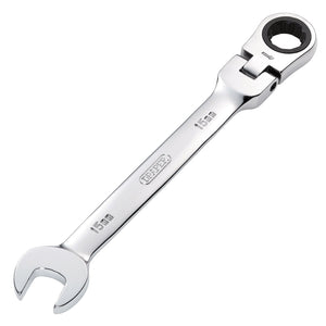 The Draper Hi-Torq® Metric Flexible Head Ratcheting Combination Spanner, 15mm - 8230FMMB, is a chrome-plated wrench made from durable chrome vanadium steel. It features an open-end wrench on one side and a flexible head ratcheting box-end wrench on the other, and is designed for versatility and durability in confined spaces.