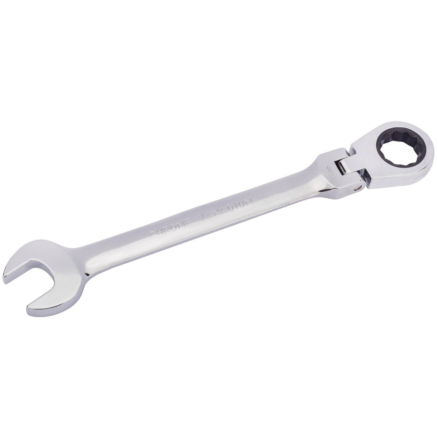 The Draper Hi-Torq® Metric Flexible Head Ratcheting Combination Spanner, 21mm - 8230FMMB, is shown against a plain white background. Crafted from durable chrome vanadium steel and featuring an open-end with a ratcheting box-end, this versatile tool is ideal for various tasks and built to last.