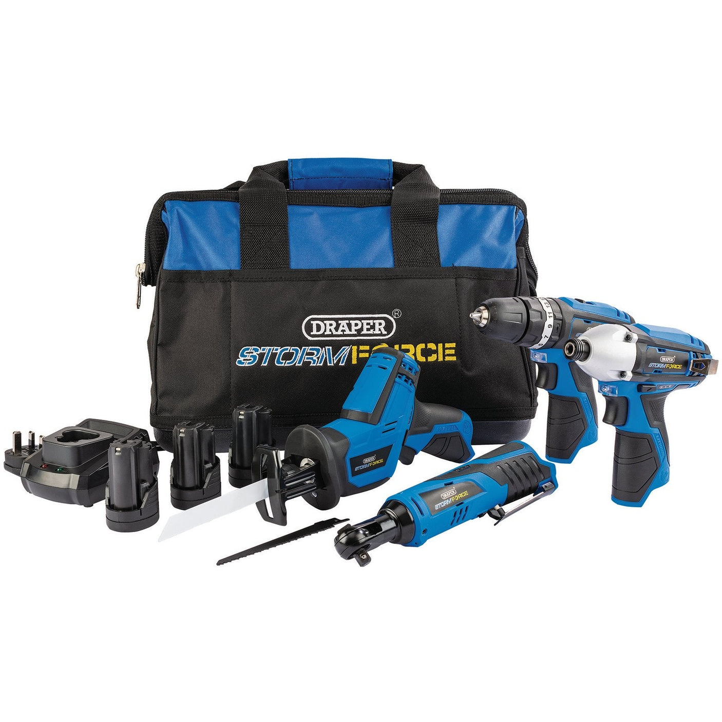 The Draper Storm Force ® 10.8V Power Interchange Kit (9 Piece) - PTK10.8V4+3, featuring a combi drill, reciprocating saw, grinder, batteries, and charger in blue and black, is displayed in front of a matching carrying bag.