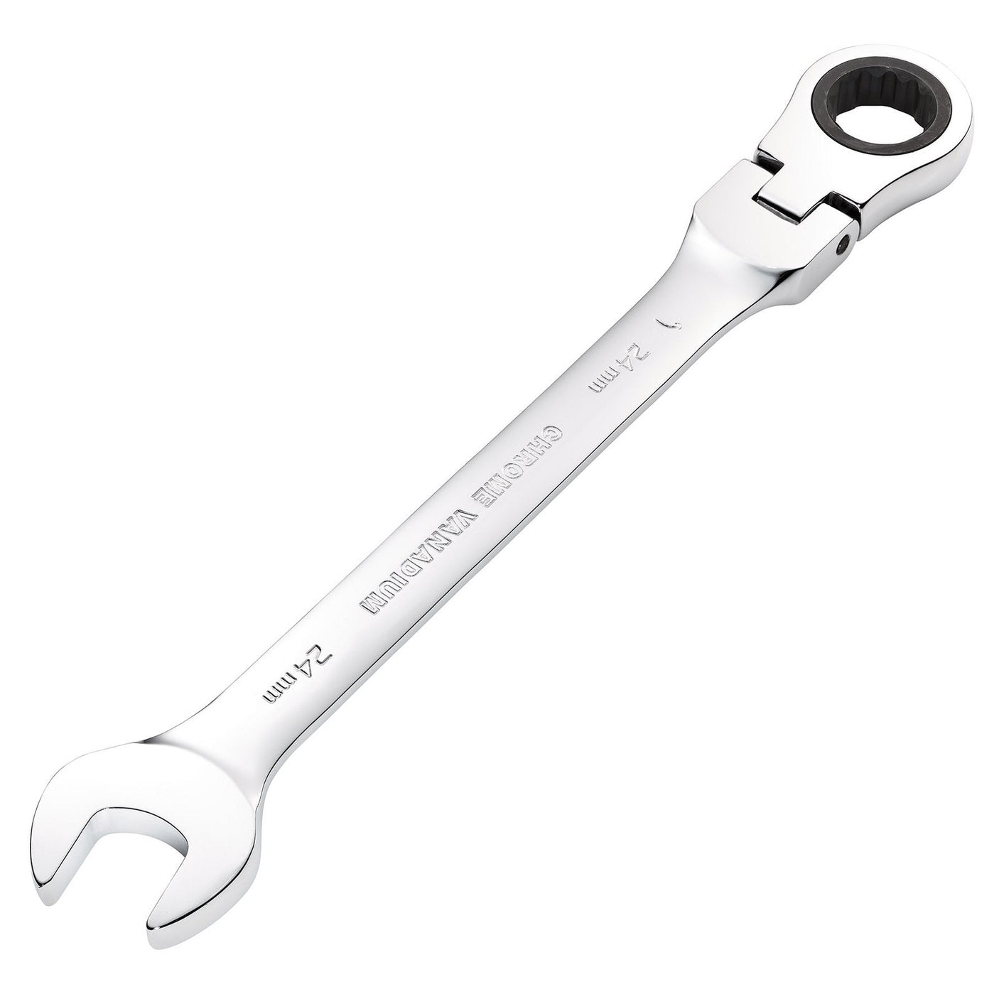 A Draper Hi-Torq® Metric Flexible Head Ratcheting Combination Spanner, 24mm - 8230FMMB, made from chrome vanadium steel with an open end and a ratcheting box end.