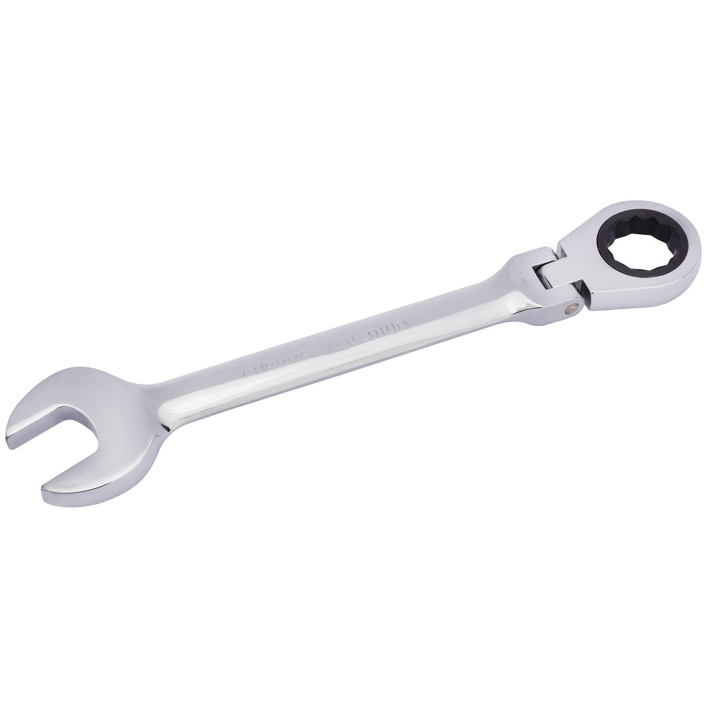 A Draper Hi-Torq® Metric Flexible Head Ratcheting Combination Spanner, 25mm - 8230FMMB, made of durable chrome vanadium steel and featuring a fixed open-end on one side with an adjustable ratcheting box-end on the other, lies on a white background.