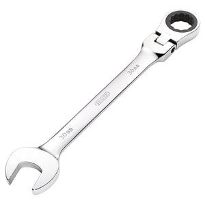 The Draper Hi-Torq® Metric Flexible Head Ratcheting Combination Spanner, 30mm - 8230FMMB, made of durable chrome vanadium steel and labeled "30mm" on both sides, features an open end and a ratcheting box end. This tool guarantees reliability and precision with every use thanks to the renowned quality of Draper HI-TORQ®.