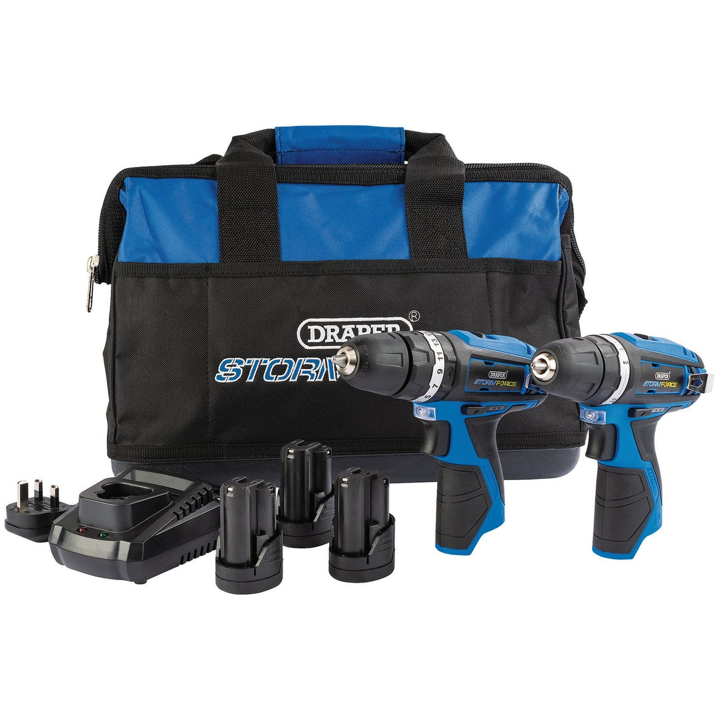 A set of Draper Storm Force® 10.8V Power Interchange Combi Drill and Rotary Drill Twin Kit, which includes three 1.5Ah batteries, a charger, and a black and blue carrying bag. The prominent "Draper" branding on both the bag and drills guarantees quality and reliability.