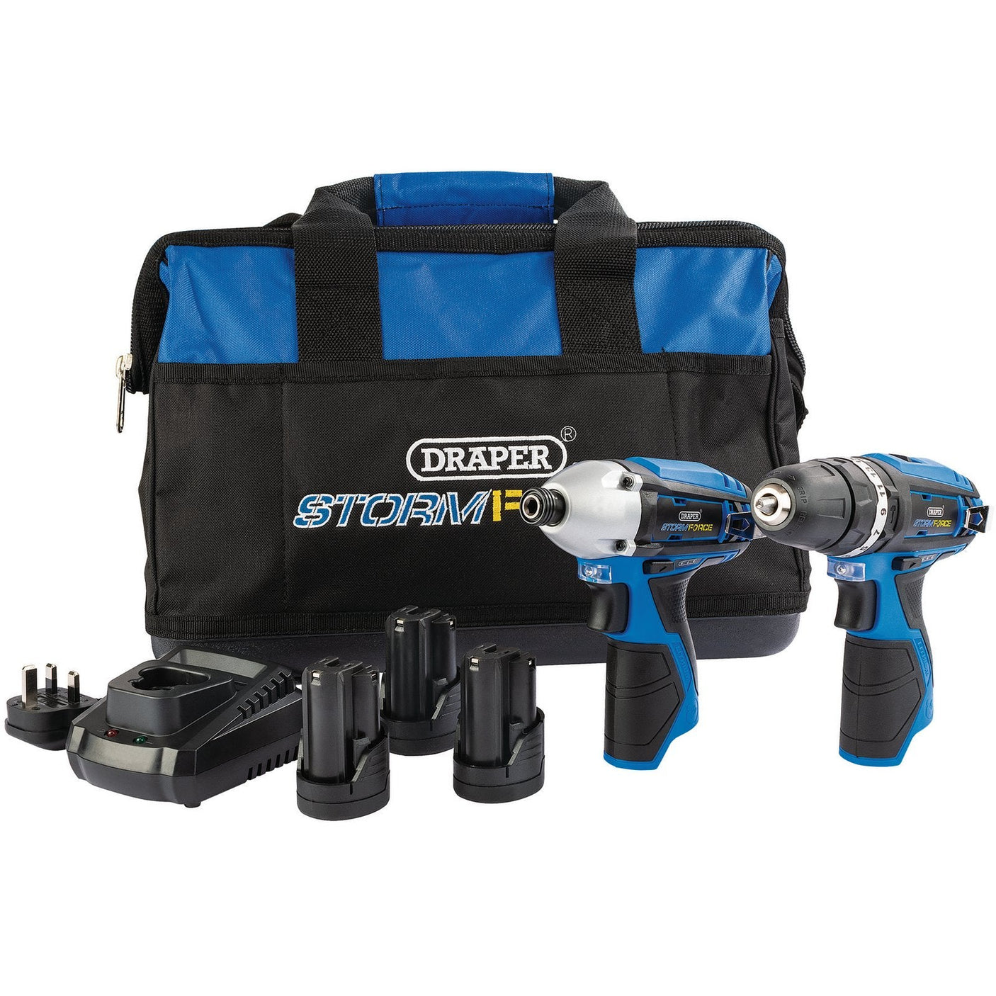 A Draper Storm Force® 10.8V Power Interchange Drill And Driver Twin Kit (PTK10.8VD+D+3) includes a carrying bag, two power drills, an impact driver, a charger, and three 1.5Ah batteries.