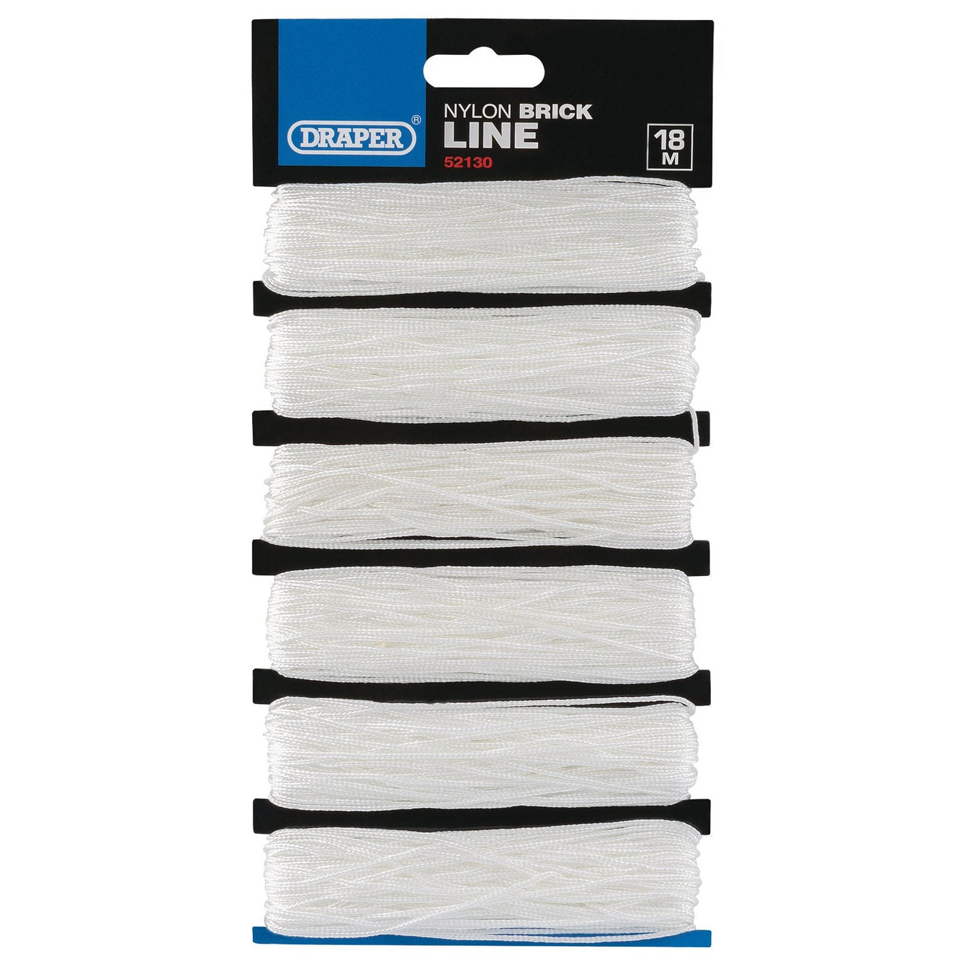 A pack of Draper Nylon Brick Line, 18M, White (Pack Of 6) - 4807 includes six white braided nylon lines, each wound on black plastic holders, providing a total length of 18 meters.