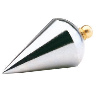 The Draper Steel Plumb Bob, 140G - 5189 by Draper is a machined steel tool featuring a pointed tip and a rounded brass screw cap on top, designed for use in construction to ensure vertical alignment and provide corrosion resistance.