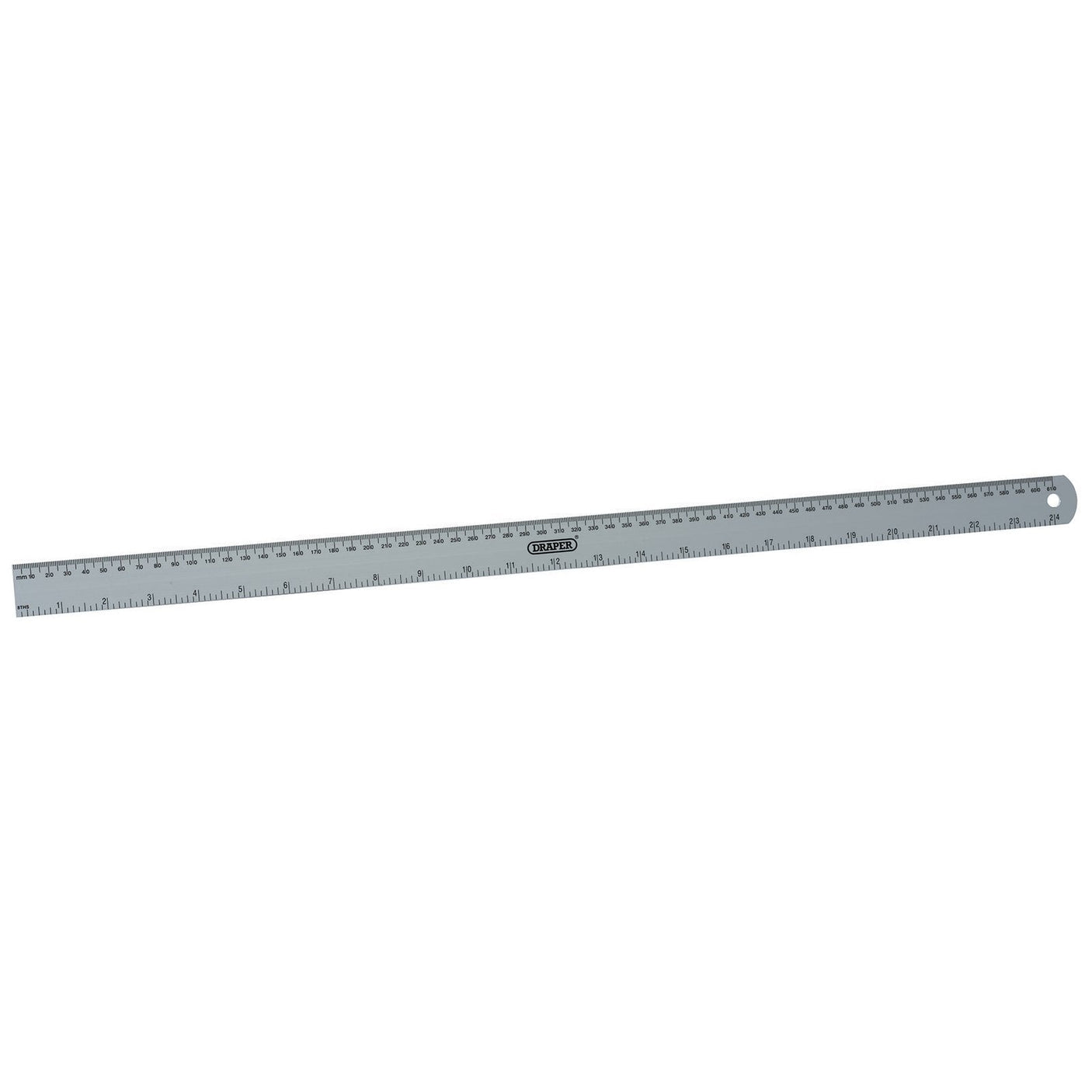 The Draper Aluminium Rule, 600mm/24" - D19 by Draper is a long anodized aluminum ruler with both metric and imperial measurements. It features a hole for hanging at one end and is graduated on both sides for easy reference of metric/imperial equivalents.