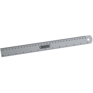 A Draper Aluminium Rule, 300mm/12" - D19, made from anodized aluminium with both metric and imperial measurements, featuring a hole at one end for hanging.