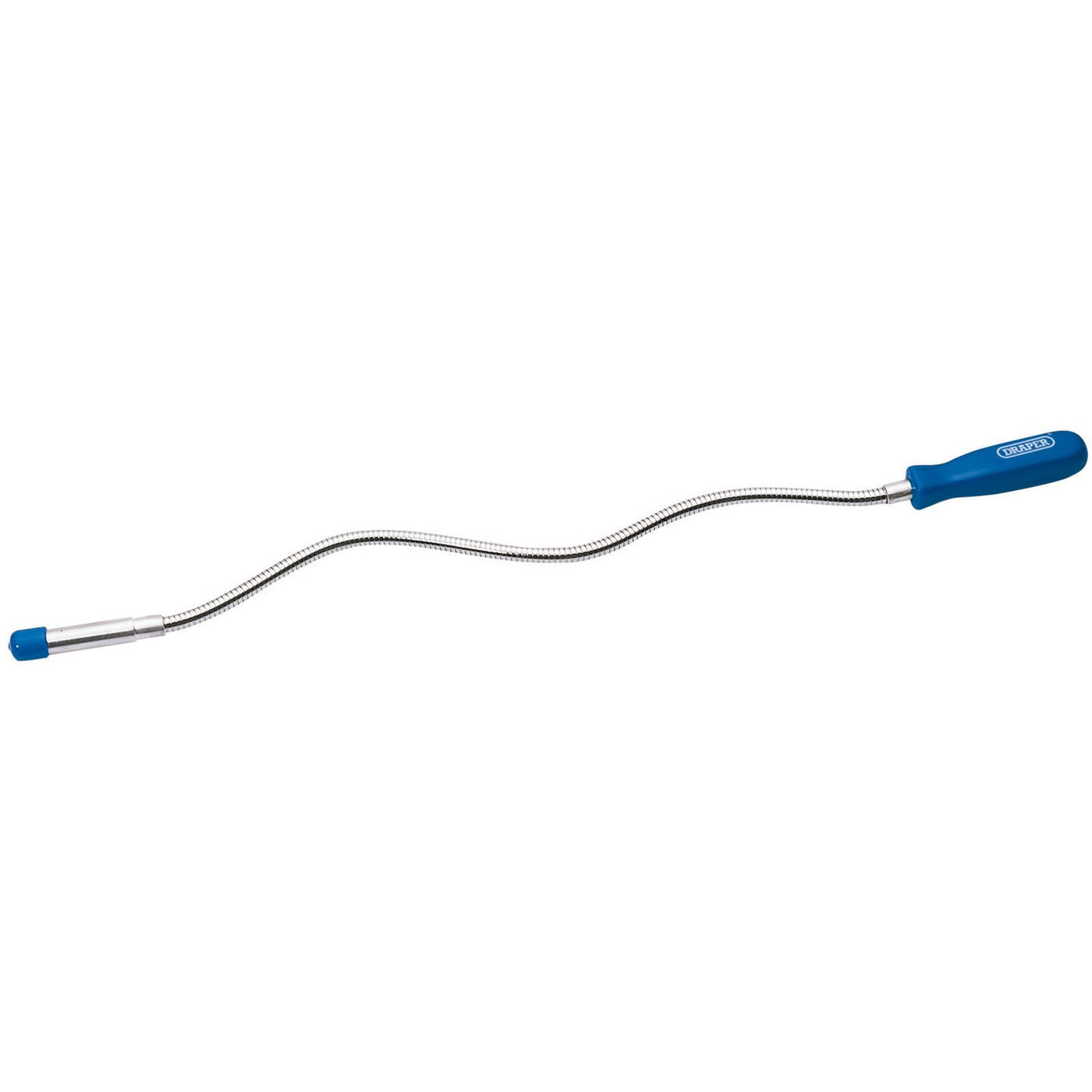 The Draper Flexible Magnetic Pick-Up Tool, 560mm - 5361, is a handy metal tool with a narrow, extendable body and a durable blue plastic handle. It features a chrome-plated flexible shaft designed for reaching or retrieving items in hard-to-access areas.