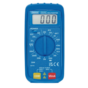 A Draper Pocket Digital Multimeter, 500V, Ac/Dc - DMM7 in blue, featuring a display showing "000" and various measurement settings for AC/DC voltage, current, and resistance.