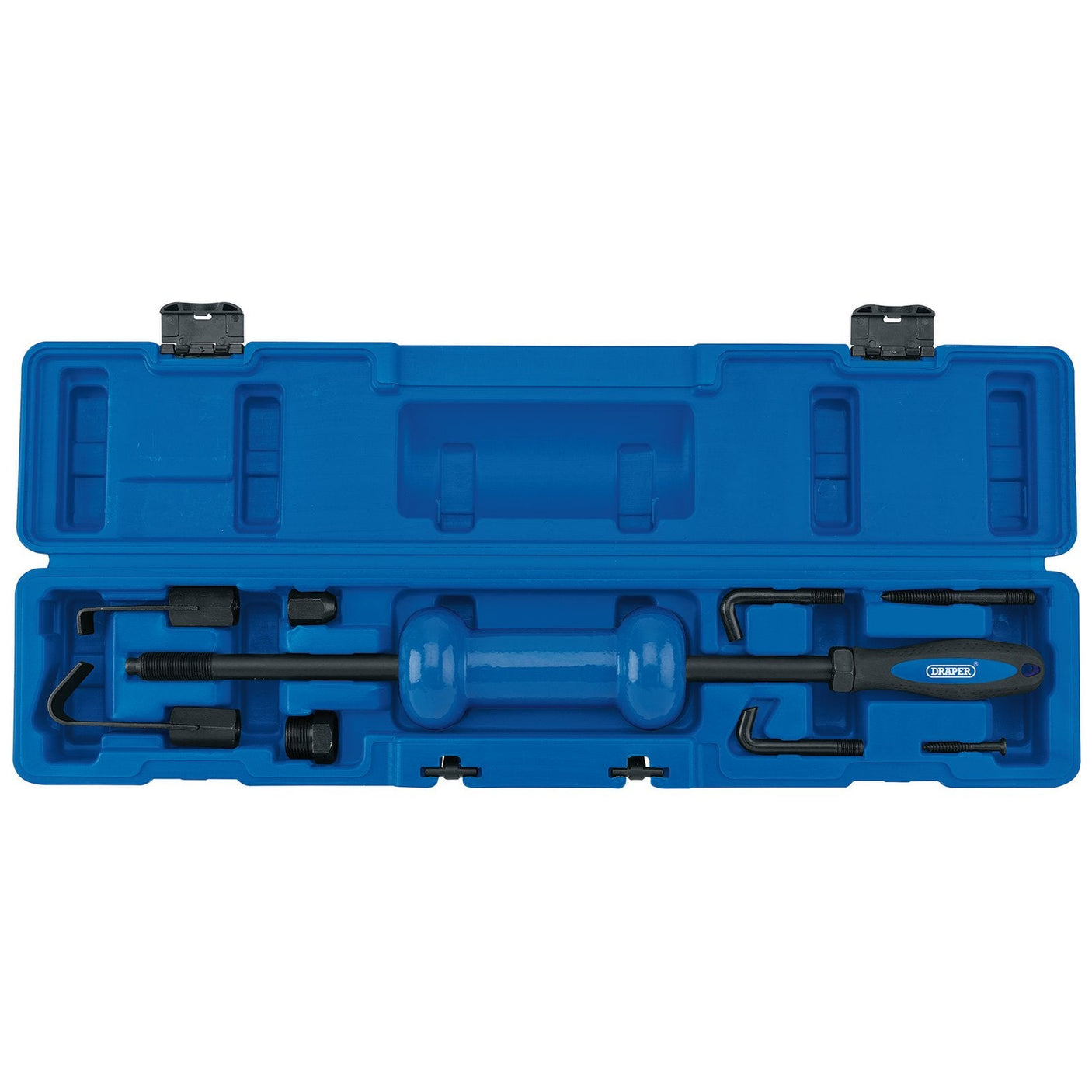 A Draper Slide Hammer Kit (10 Piece) - SH/KIT, featuring a blue plastic storage case with a set of automotive tools, including a slide hammer with a threaded end, various attachments, and a wrench.