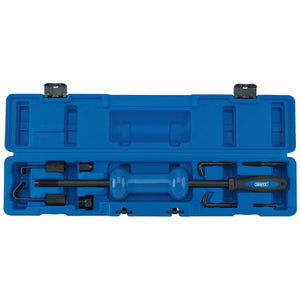 A Draper Slide Hammer Kit (10 Piece) - SH/KIT, featuring a blue plastic storage case with a set of automotive tools, including a slide hammer with a threaded end, various attachments, and a wrench.