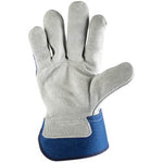 A single Draper Heavy Duty Leather Industrial Glove - HDLIG/B is shown, gray with a blue cuff, and palm facing upward. This heavy-duty glove features a split leather palm, ensuring durability and adherence to BS EN388 specifications.