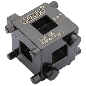 The Draper Brake Caliper Wind Back Cube, 3/8" Sq. Dr. - CWT1, a black socket adapter cube with square openings labeled "NOT FOR IMPACT USE," is ideal for tasks such as fitting new brake pads or working on rear brake calipers.