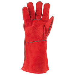 The Draper Leather Welders Gauntlets - LWG/B feature durable red leather construction with reinforced stitching, ideal for heavy-duty or protective tasks. These gloves comply with EN388 standards, ensuring superior durability and safety.