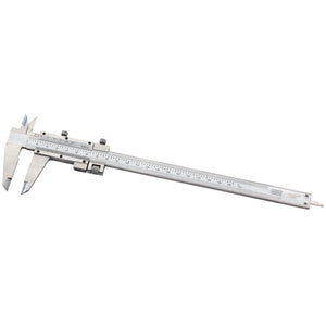 The Draper Vernier Caliper With Fine Adjustment, 0 - 200mm Or 8" - PVC200F, is a precision measuring instrument from Draper made of hardened stainless steel. It features a scale and sliding jaw for taking internal and external measurements with fine adjustment.