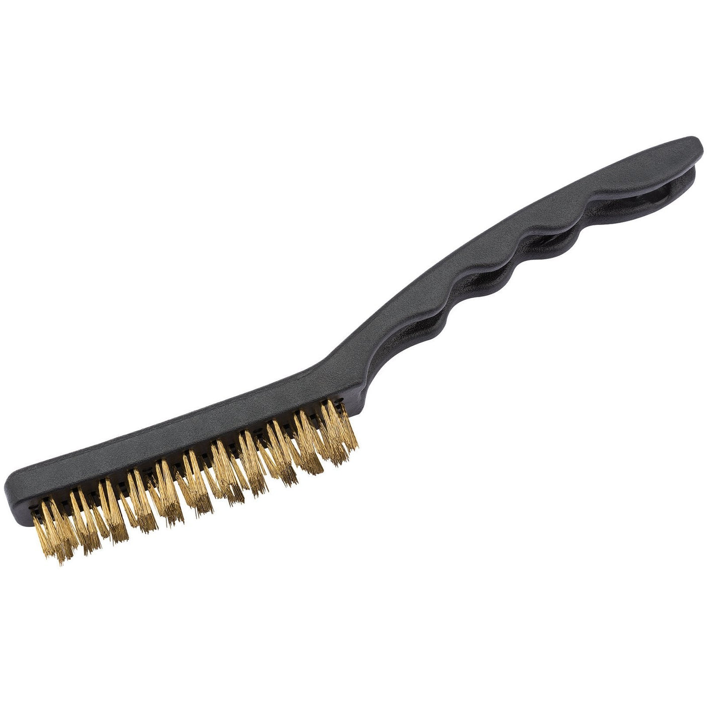 The Draper Brass Fill Brush, 230mm - 4864BF, is a display-packed tool featuring a black plastic handle and medium-duty brass bristles designed for cleaning and scrubbing surfaces.