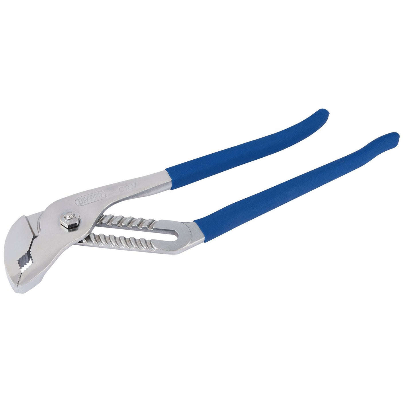 A pair of Draper Waterpump Pliers, 400mm with a 110mm capacity (model 4001A), made from chrome vanadium steel, featuring blue cushion grip handles and metallic jaws, placed on a plain white background.