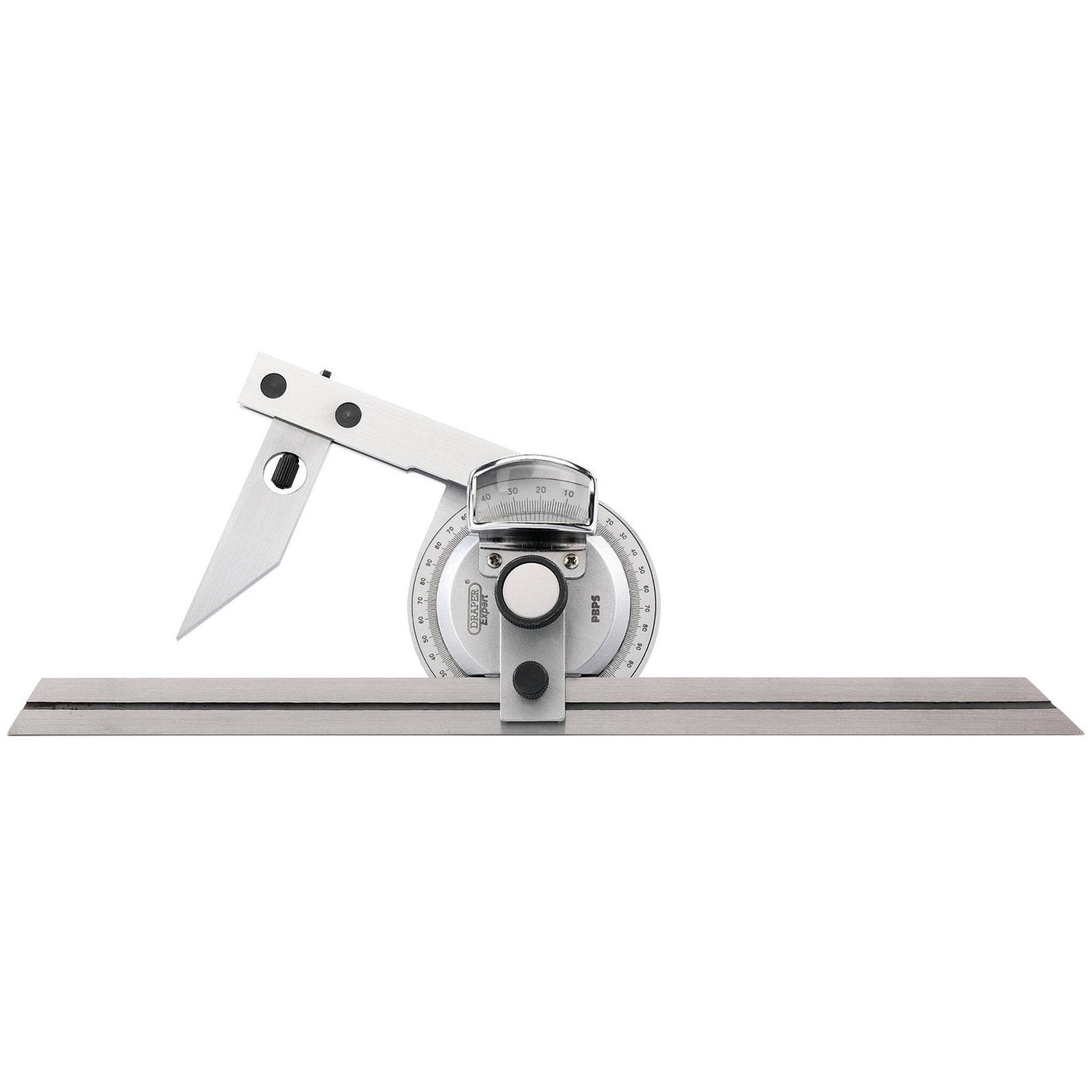 The Draper Universal Bevel Protractor Set - PBPS by Draper is a precision angle measuring tool featuring a protractor, adjustable arm, and ruler base for determining and marking exact angles. This fully calibrated device ensures accurate angle measurement and includes an acute angle attachment for added versatility.