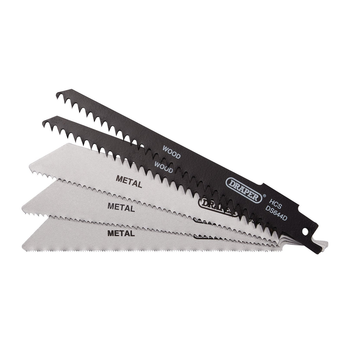 A set of five Draper Assorted Reciprocating Saw Blades For Multi-Purpose Cutting, 150mm, labeled for wood and metal cutting, arranged in a fanned-out display.