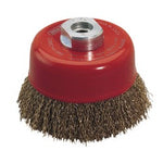 The Draper Expert Brassed Steel Crimped Wire Cup Brush, 80mm, M14 - CB80C is an industrial-quality red cup-shaped wire brush featuring brassed steel wire bristles and a threaded hole for attachment to angle grinders.