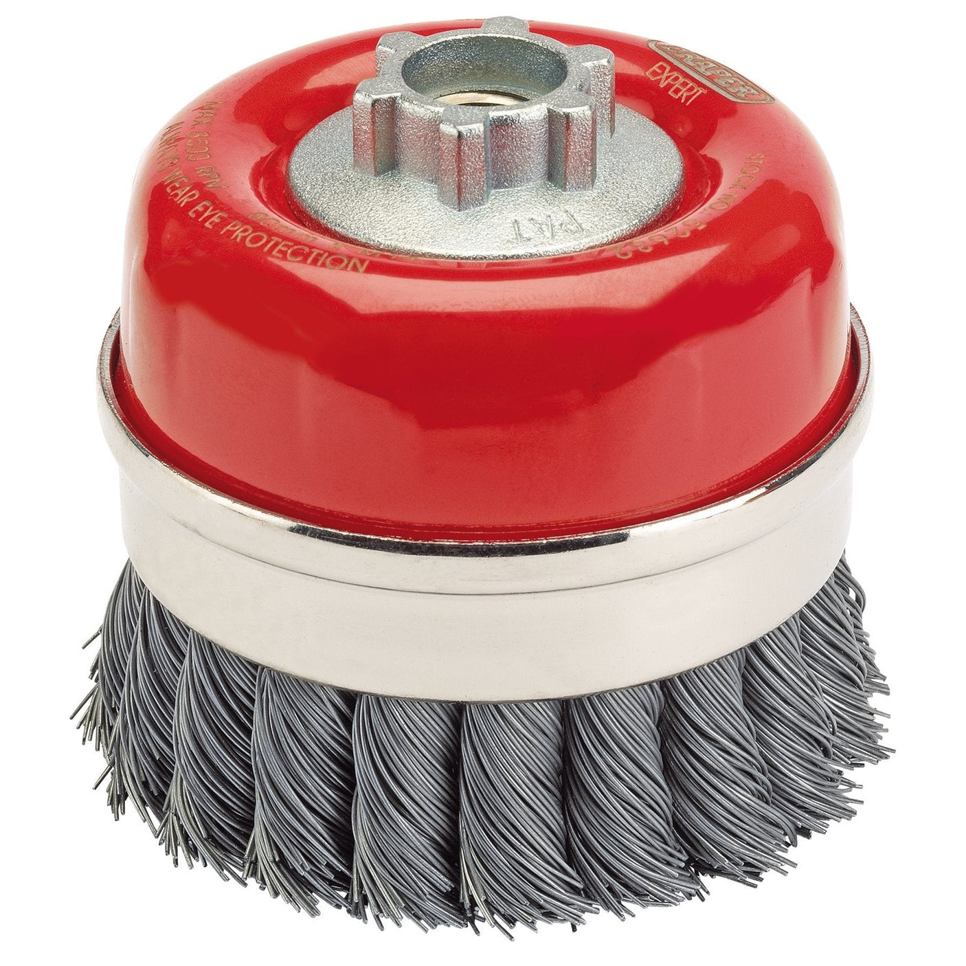 The Draper Expert Brassed Steel Crimped Wire Cup Brush, 125mm, M14 - CB125C from Draper features twisted brassed steel wire bristles and is designed for use with angle grinders to effectively clean and remove rust from metal surfaces.