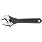 Draper Expert Crescent-Type Adjustable Wrench with a phosphate finish, featuring a 200mm black handle and a 29mm metallic jaw, includes a graduated scale for precise adjustments and a hole at the end of the handle for hanging.