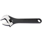 Draper Expert Crescent-Type Adjustable Wrench with a phosphate finish, featuring a 200mm black handle and a 29mm metallic jaw, includes a graduated scale for precise adjustments and a hole at the end of the handle for hanging.