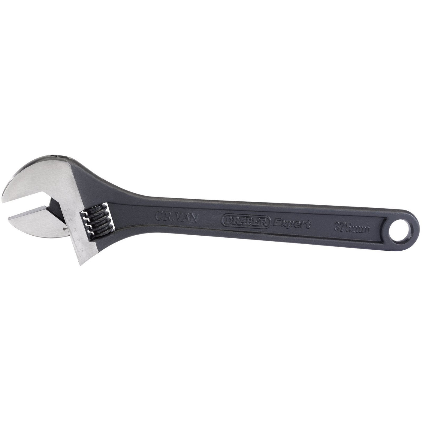 A Draper Crescent-Type adjustable wrench, with a phosphate finish and measuring 375mm, features a black handle and metal jaw. It is constructed from durable chrome vanadium steel and marked with "Draper Expert" and "375mm.