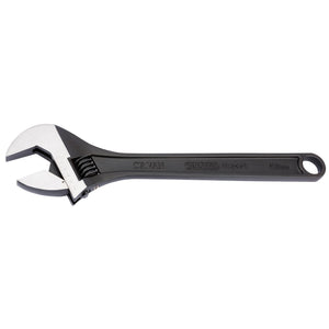 The Draper Expert Crescent-Type Adjustable Wrench, measuring 450mm with a 57mm jaw capacity, features a phosphate finish and is made from durable chrome vanadium steel with clear size adjustment markings.