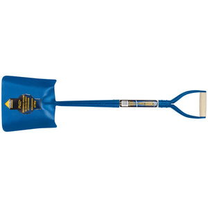 The Draper Expert Contractors Square Mouth No.2 Shovel With Ash Shaft (SMSSS-WH) is displayed, featuring a blue D-shaped handle and a solid forged blade. The blade is labeled with Draper's branding and product details, emphasizing its durability as a hardwearing shovel ideal for any tough job.