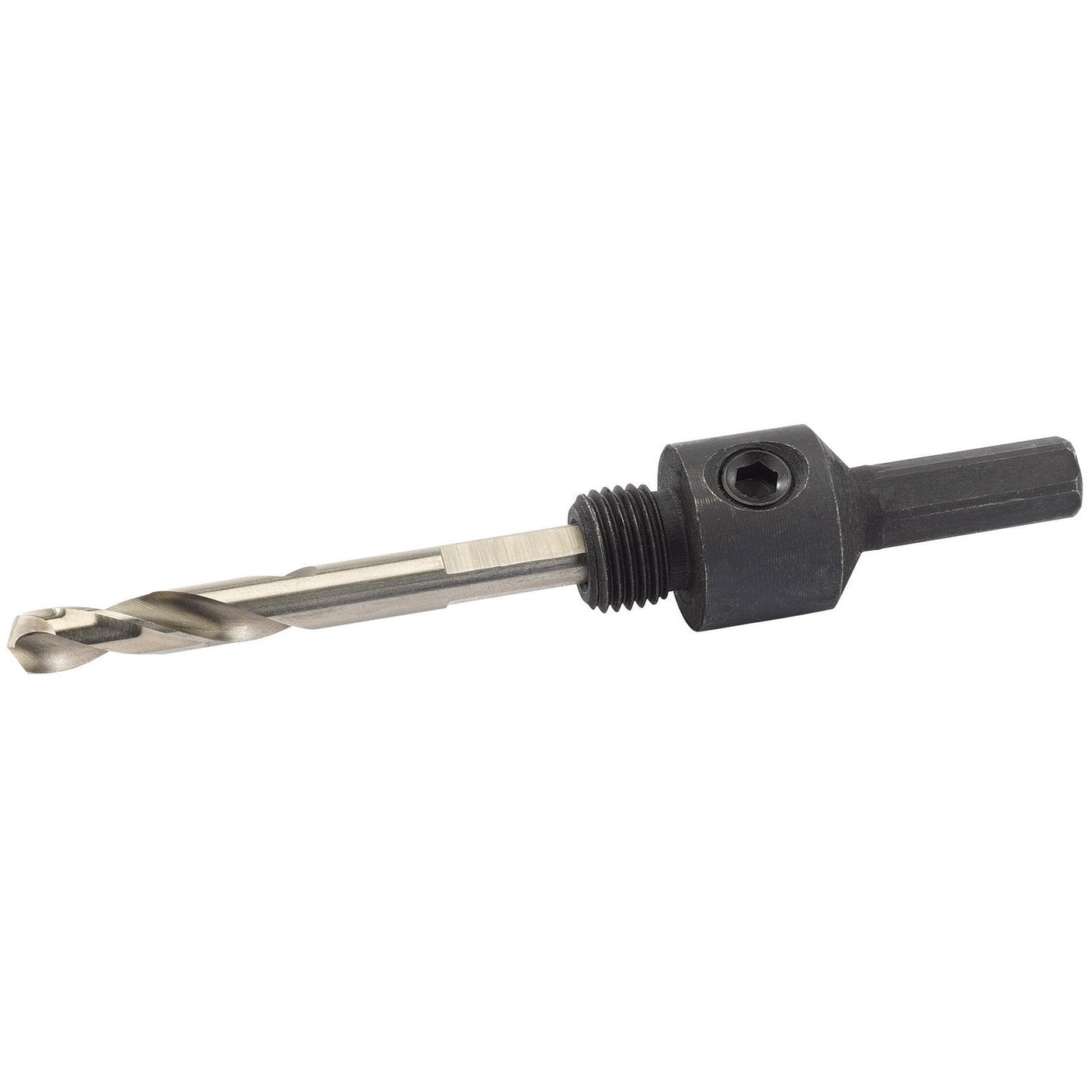 The Draper Hex. Shank Holesaw Arbor with HSS Pilot Drill, featuring a 5/16" thread and compatible with 14-30mm holesaws, is designed for easy attachment to a drill.