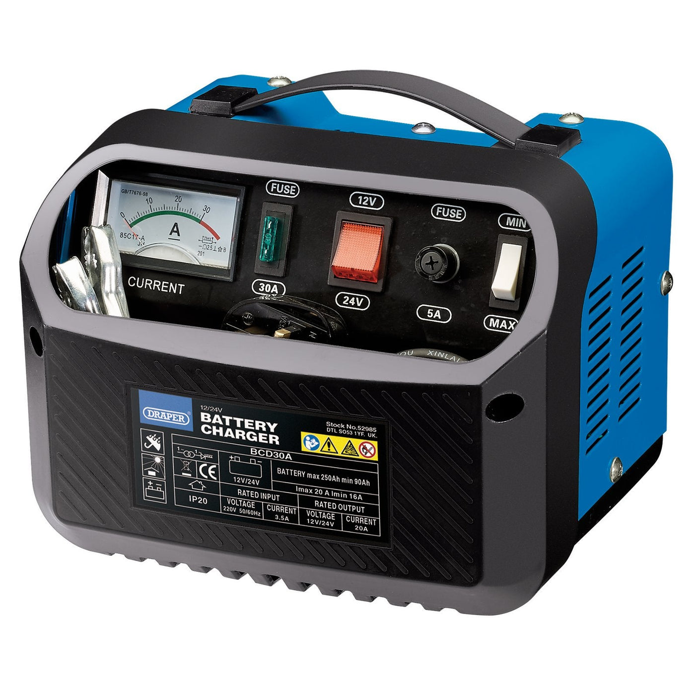 The Draper 12/24V 16-20A Battery Charger - BCD30A, a blue and black device with a handle, offers various settings, features a current meter, and includes multiple ports for different voltage outputs (12V and 24V). It also provides convenient cable storage and is ideal for charging lead-acid batteries.