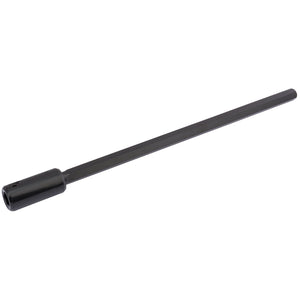 The Draper Shaft Holesaw Arbor Extension, 320mm in length with a 7/16" hex attachment (HS-A/EXT), is a long, black metal rod featuring a small hole near the cylindrical end, specially designed to extend the arbor.