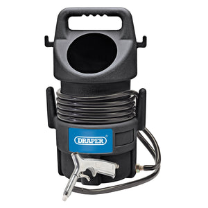 The Draper Portable Shot Blasting Kit, 120 Max Psi, 22Kg Capacity - SBK22, resembles a lightweight black tire inflator with a coiled air hose and an air gun attachment on the front. It features a convenient top handle for easy portability.