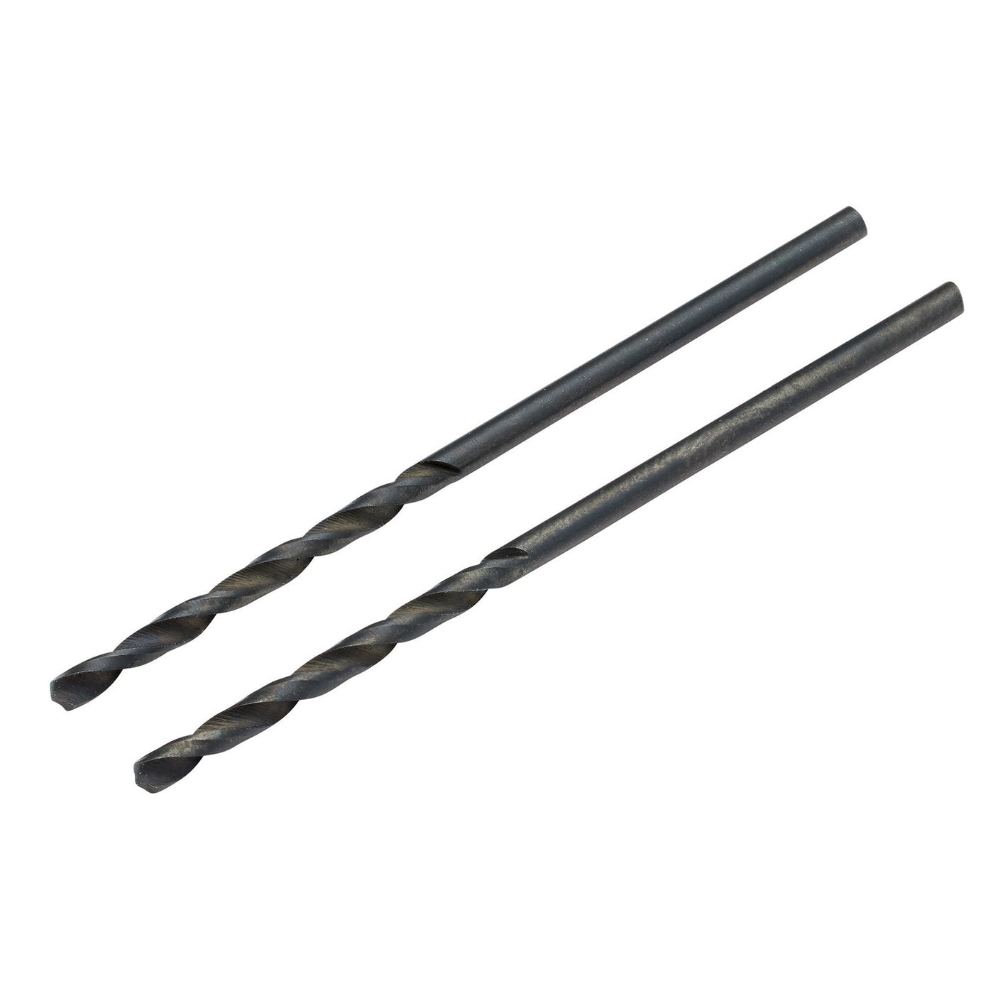 Two black metal Draper HSS Twist Drill bits, 1.6mm in size, designed for 2 x 0.4 taps, with spiral grooves are lying parallel to each other on a white background. These high-speed straight shank, metric-sized twist drills conform to DIN338 and ISO235/1 standards.