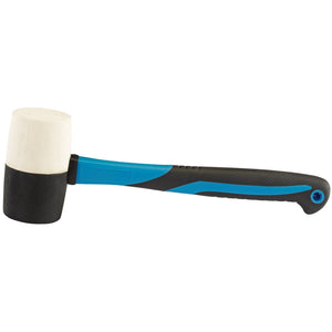 The Draper Rubber Head Mallet, weighing 680g/22oz, features a non-marking rubber head and a black and blue ergonomic handle with a durable fibreglass shaft.