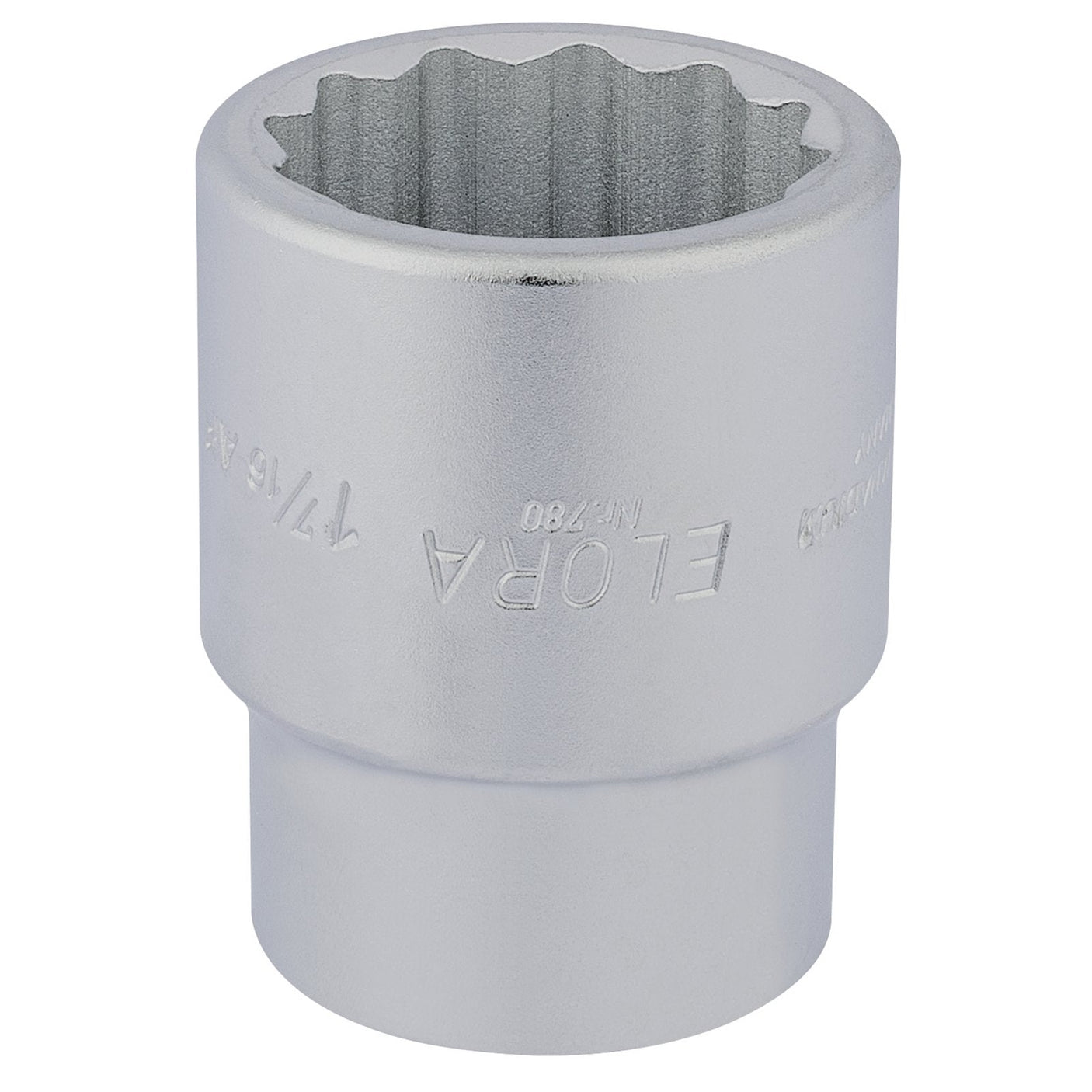 A high-polished chrome vanadium steel socket wrench attachment with engraved markings "1.7/16" and "780A-1.7/16," designed to meet DIN specifications, named the Draper Elora Bi-Hexagon Socket from the brand Draper.