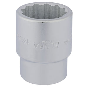 A high-polished chrome vanadium steel socket wrench attachment with engraved markings "1.7/16" and "780A-1.7/16," designed to meet DIN specifications, named the Draper Elora Bi-Hexagon Socket from the brand Draper.