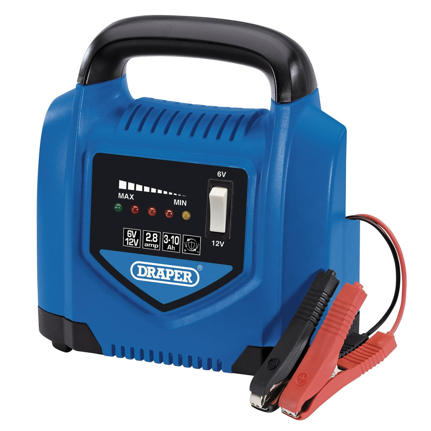 A Draper 6V/12V Battery Charger, model BCP4A, features a blue exterior with a black handle and attached black and red alligator clamps. This portable battery charger is engineered for 6V/12V charging and includes a control panel displaying voltage, amperage, and other indicators, making it perfect for lead-acid batteries.