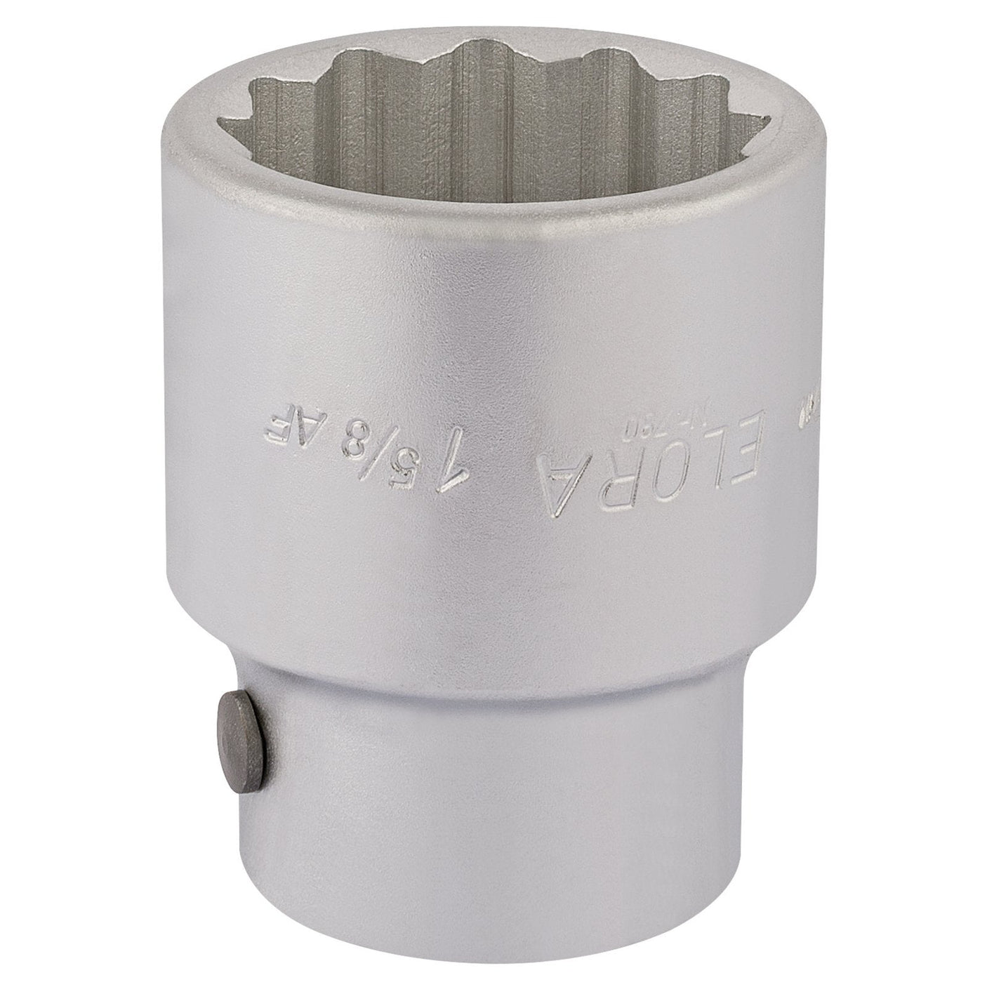 A metal socket tool with a cylindrical shape and a 12-point interior, made from durable chrome vanadium steel and marked with measurements and brand text "Draper Elora Bi-Hexagon Socket, 1" Sq. Dr., 1.5/8" - 780A-1.5/8".