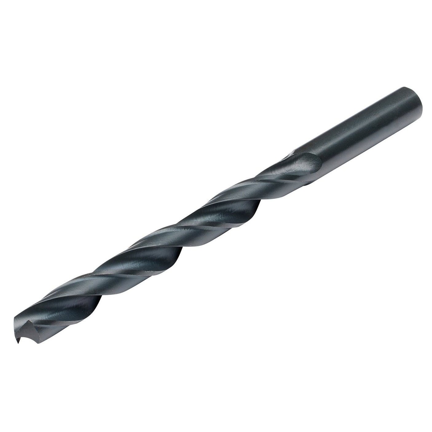 The Draper Hss Drill Bit, 5/16" - H29PS/B is a black twist drill bit with a cylindrical shank and spiral flutes, conforming to DIN 338 standards and crafted from high-speed steel for drilling holes in various materials.