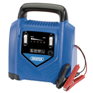 The Draper 6V/12V Battery Charger, 5.6A - BCP5A is a blue battery charger equipped with black and red alligator clamps, a handle for easy transport, multiple settings for charging 6V and 12V lead acid batteries, and a display that shows the charging progress.