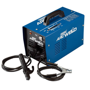 The Draper Arc Welder, 130A - AW135T, by Draper comes with attached cables and clamps, includes a top handle for easy transport, has control dials on the front panel, and features built-in thermal overload protection.