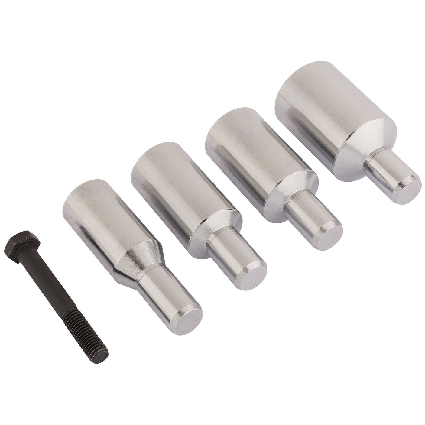 Four different sizes of cylindrical metal punches are aligned next to a black screw on a white background. Expert Quality tools like these are essential for precision tasks, just as much as the Draper BMW Mandrels for Self-Adjusting Clutch Kit (4 Piece) - CAK/38A/BMW in automotive repairs.