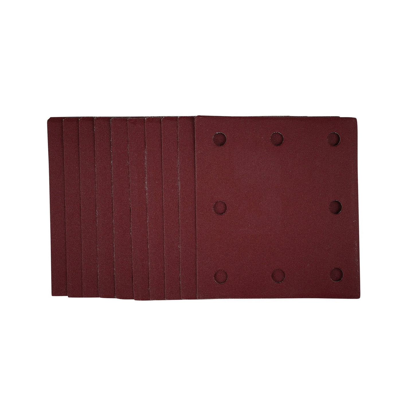 A stack of Draper 1/4 Sanding Sheets with Hook and Loop, measuring 115 x 105mm and featuring multiple circular perforations, in a brown rectangular finish with a grit rating of 240 (Pack of 10).