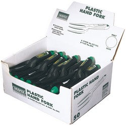 Open box of Draper Plastic Hand Forks - GPF, containing multiple black and green utensils made from tough plastic, with text and images indicating a quantity of 50 forks. The packaging is designed with a hang hole for easy storage or countertop display.