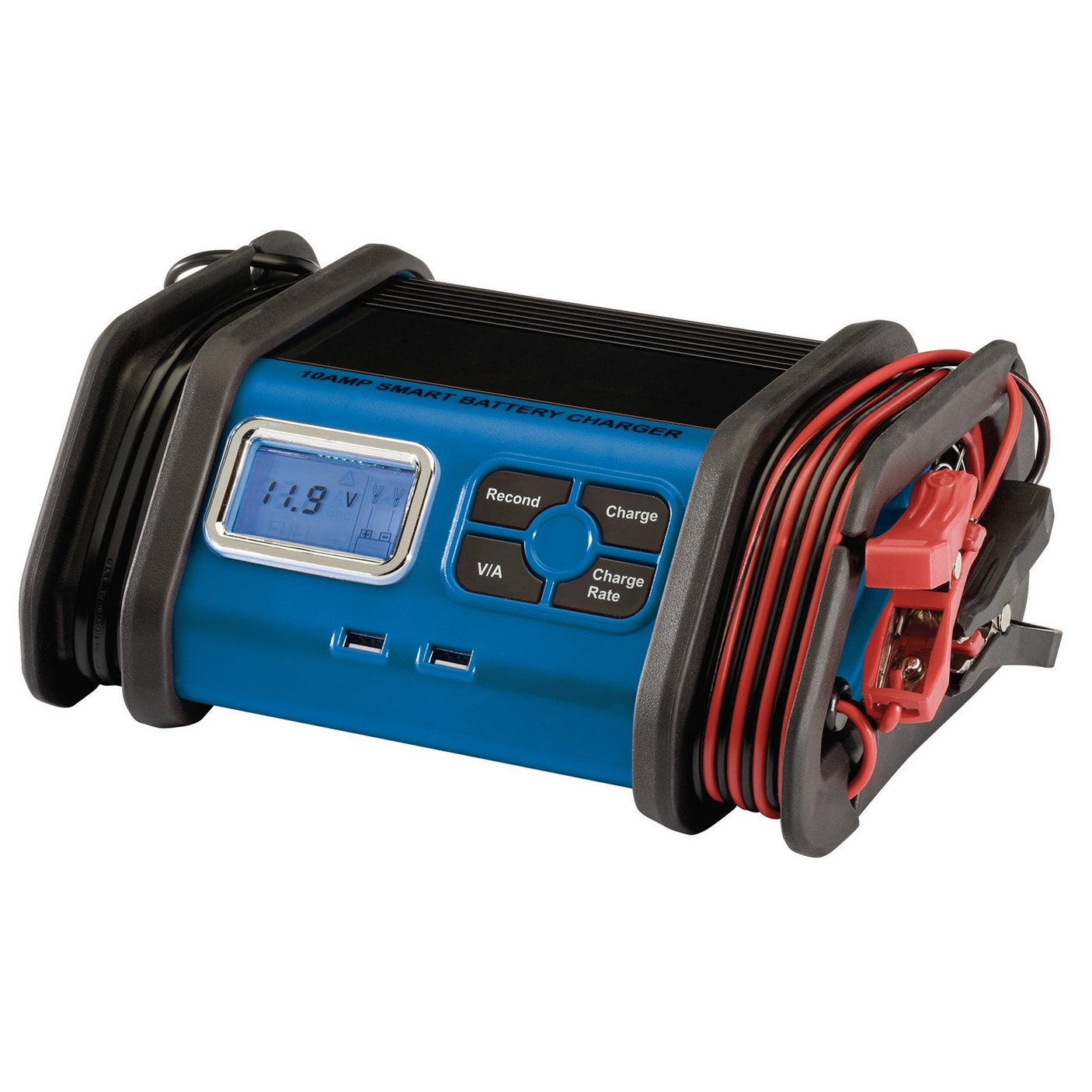 The Draper 12V Battery Charger, 10A - BCMC10, features a sleek black and blue exterior with a digital display reading "11.9V". It includes control buttons and comes with attached red and black cables. This microprocessor-controlled device ensures automatic smart charge for optimal performance.